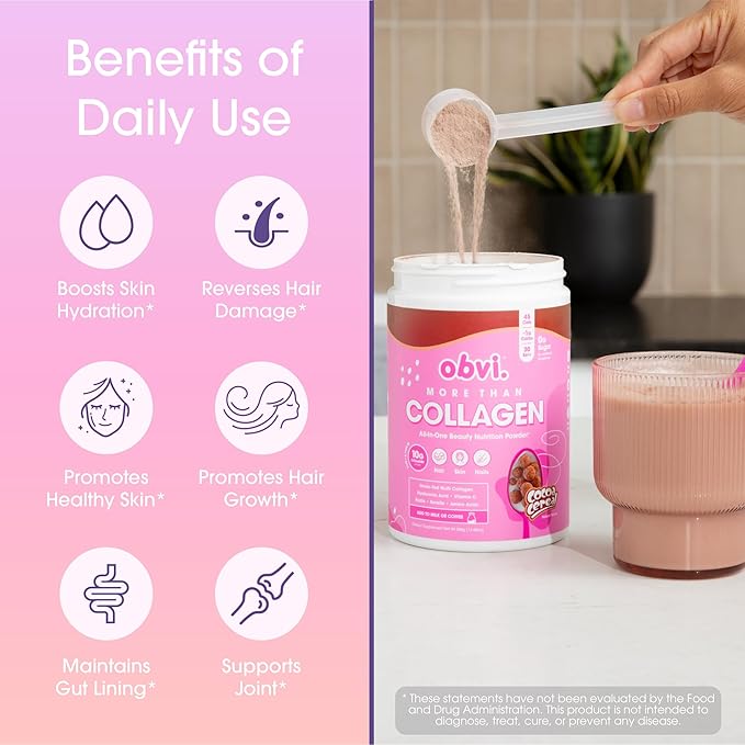 Obvi More Than Collagen Powder | Supports Healthy Hair Skin Nails Joints Gut | Grass-Fed Multi Collagen Supplement with Hyaluronic Acid Biotin Keratin | Cocoa Cereal 30 Servings