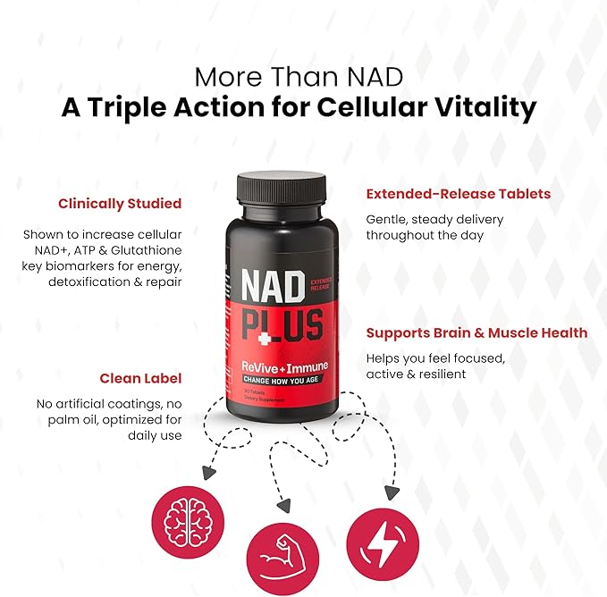 Revive + Immune | NAD+ Supplement with Vitamin C for Men &amp Women | RiaGev®-SR Formula with Immune Protection | Energy Anti Aging Support with Antioxidant | Vegan Non-GMO Gluten-Free (90 Tablets