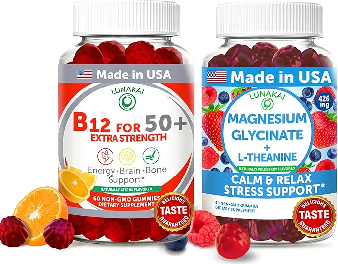 Lunakai USA Made Vitamin B12 for Adults 50+ &amp Magnesium Glycinate Gummies Bundle Supports Energy Mood Relaxation &amp Stress Relief Non-GMO Vegan 60ct Each