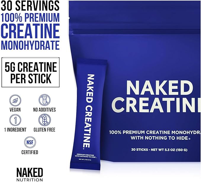 NAKED Creatine Stick Packs - Unflavored Micronized Creatine NSF CertifiedVegan Non-GMO Gluten-Free Soy-Free No Fillers Supports Muscle Growth &amp Strength - 30 Servings