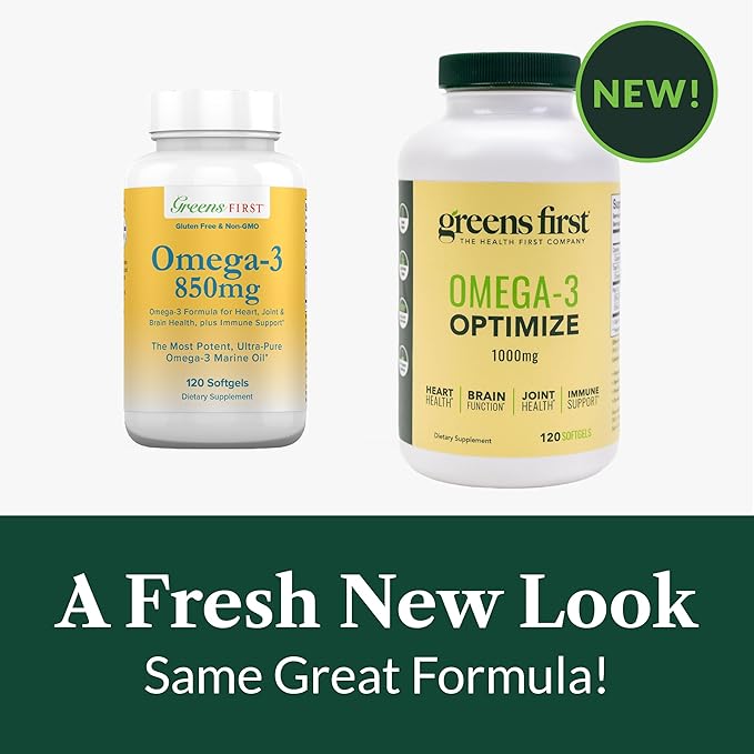 Greens First Omega-3 Optimize Daily Supplement – Ultra-Pure Potent Marine Oil - for Heart Brain &amp Joint Health - High EPA/DHA - Immune Support - 850mg (120 Softgels)