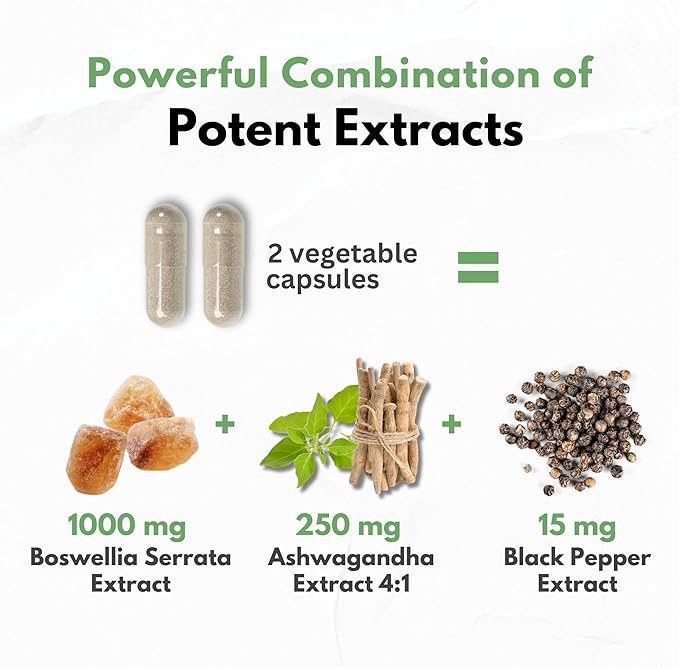 Boswellia Extract and Ashwagandha Capsules 2000 mg - Strong Natural Support Pills 3 Month Supply - Consentrated Boswellia Serrata 65% Boswellic Acid with Ashwagandha Powder Supplement