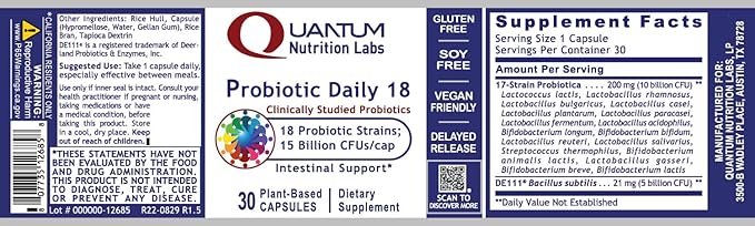 Quantum Nutrition Labs Probiotic Daily 18 - Probiotics for Digestive Health Probiotics for Women and Men with Lactobacillus Acidophilus Reuteri for Healthy Gut Microbiome - 30 Vegetarian Capsules