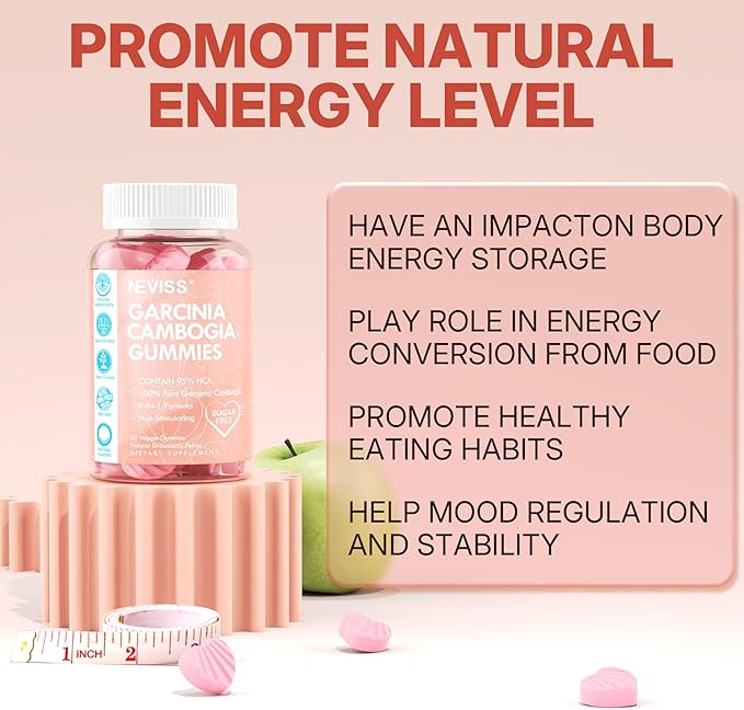 Sugar Free Garcinia Cambogia Gummies 1000mg 95% HCA Pure Extract with L-Carnitine Raspberry Ketone Chromium Green Coffee Bean for Metabolism 100% Organic Extract Vegan Strawberry Flavor 60 Cts