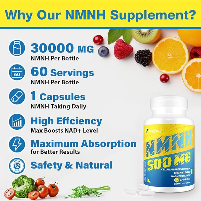 NMNH (NMN Supplement Alternative) NAD Supplements for Anti Aging Energy Immune Focus (Dihydronicotinamide Mononucleotide) 500mg to Boost NAD+ Levels As We Age Pure Organic - 60 Capsules