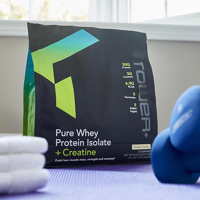Tower+™ Pure Whey Protein Isolate Powder with Creatine - Muscle Recovery &amp Growth Support Formula 30g Protein per Serving BCAAs Gluten-Free 30 Servings