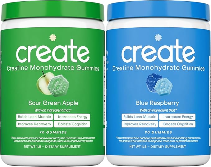 Create Creatine Monohydrate Gummies - Blue Apple Blast Duo - Blue Raspberry &amp Sour Apple - Creatine Gummies for Women &amp Men NSF Certified 3rd Party Tested Anti-Melting Formula 180 Count (2