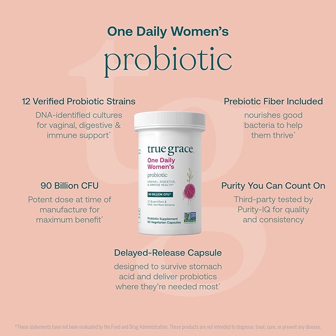 True Grace One Daily Women’s Probiotic - 60 Vegetarian Capsules - 90 Billion CFU - Digestive Vaginal &amp Immune Health - Gluten &amp Soy Free - 60 Servings