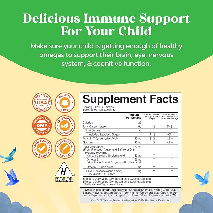 Bundle of Omega DHA Gummies for Kids - Fatty Acids Omega 3 6 9 with Vitamin C for Brain Immunity &amp Vision - Nutritional DHA for Healthy Nervous System &amp Focus Support - Vegetarian &amp Glute