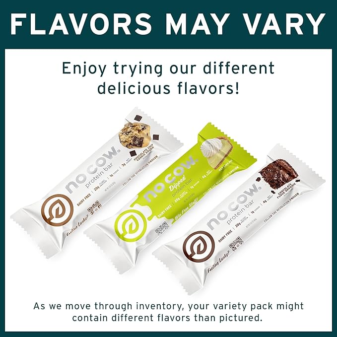 No Cow Vegan Protein Bars Upgraded Original Variety Pack | 20g Plant Based Protein Gluten Free Dairy Free Soy Free Keto Friendly Low Sugar High Fiber Snack Bars | Pack of 12
