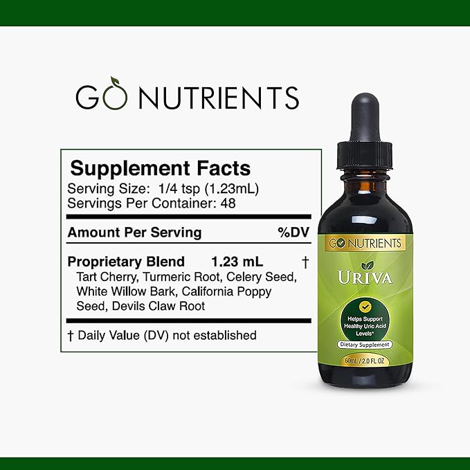 Go Nutrients Uriva - Advanced Uric Acid Flush Cleanse with Tart Cherry Extract Celery Seed Turmeric &amp More - High Absorption Liquid Drops Supplement for Joints and Kidney 2.0 oz. | 48 Servings