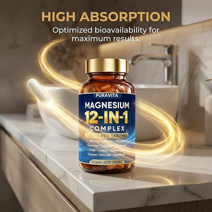 Puravita 12 in 1 Magnesium Complex Capsules - 700mg High Absorption Blend with Glycinate Citrate Malate Oxide &amp Taurate. Supports Muscle Function Nerve Health &amp Relaxation - 120 Capsules (