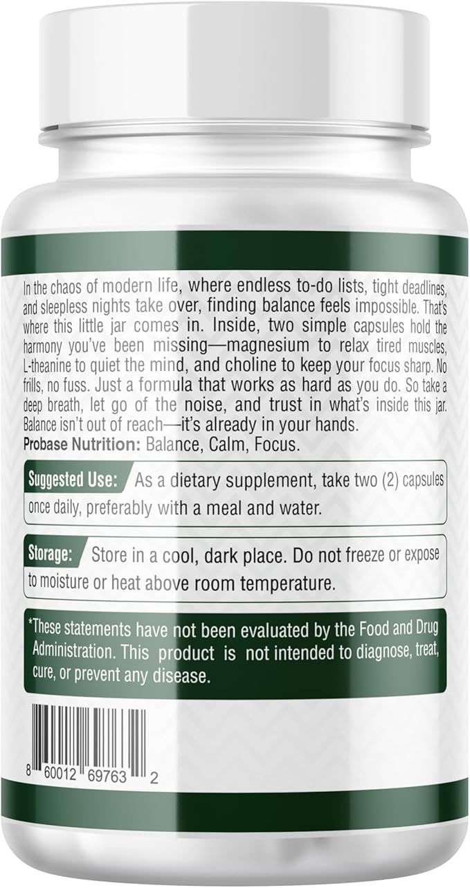 Probase Nutrition Magnesium Complex Plus with Glycinate Malate L-Theanine and Choline - Natural Support for Sleep and Cognitive Function - 60 Capsules - Calming Vitamins