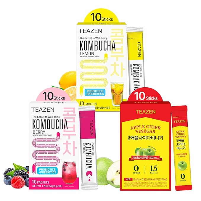 TEAZEN Kombucha Tea 20 Sticks Lemon Berry Flavor &amp Apple Cider Vinegar Powder 10 Sticks