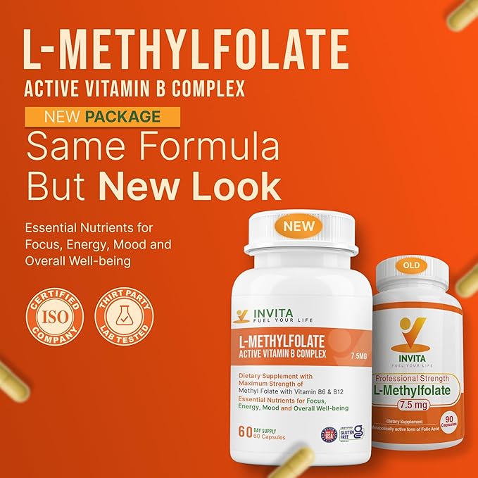 INVITA L-Methylfolate 7.5mg + Active Vitamin B Complex – 60 Capsules - 5-MTHF Supplement with Vitamin B6 &amp B12 Methylcobalamin for Mood Energy and Heart – Non-GMO Gluten Free 2-Month Supply