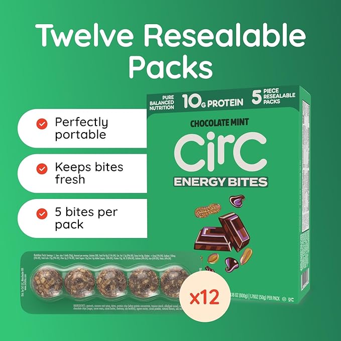 CirC Energy Bites - 12 Pack Mint Chocolate Chip Gluten Free Protein Balls - 10g Protein Whole Grains Nuts &amp Fruit - Portable Healthy Snacks for Adults &amp Kids 5 Piece Resealable Packs
