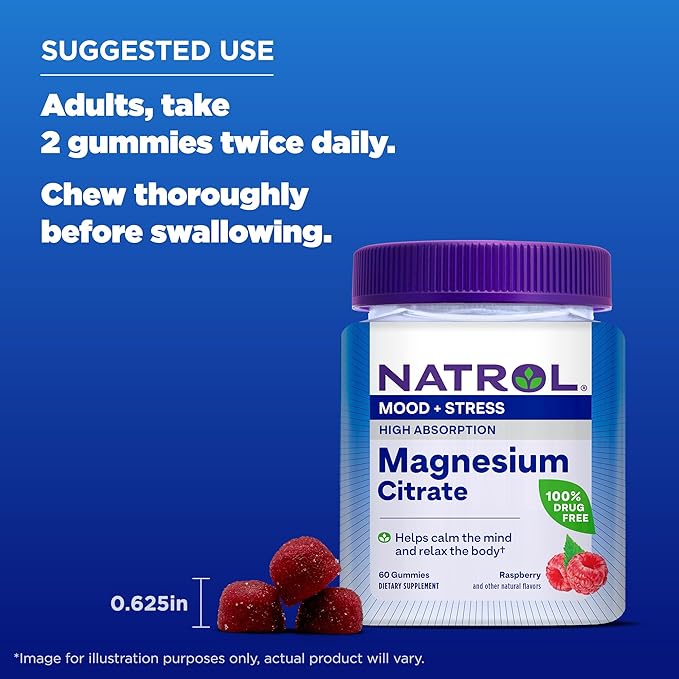 Natrol Magnesium Citrate High Absorption Magnesium Supplement for Mood and Stress Helps Calm The Mind and Relax The Body 60 Raspberry-Flavored Gummies Up to a 30 Day Supply