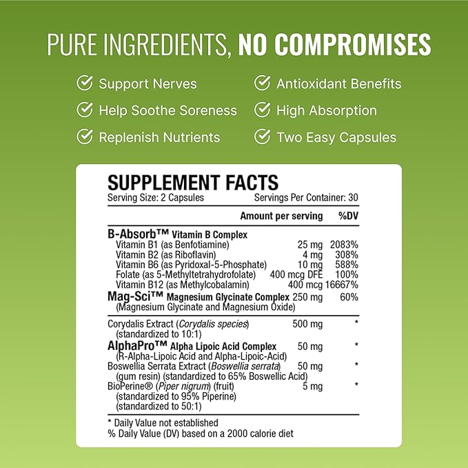 Approved Science Nervprin - Nerve Support - Benfotiamine B12 R-Alpha-Lipoic Acid Corydalis Boswellia BioPerine - 60 Capsules - Made in The USA