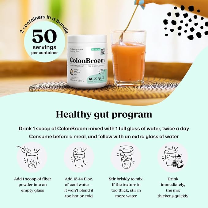 ColonBroom Psyllium Husk Powder - Colon Cleanse for Bloating Relief &amp Gut Health - Fiber Powder Drink - Easy to Mix - Vegan Gluten Free Non-GMO - Strawberry &amp Tropical Fruits (2 Pack)