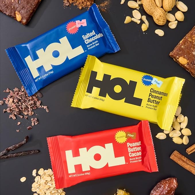 HOL Bone Broth Protein Bars - The Trio Variety Pack - Cinnamon Peanut butter and Salted Chocolate - 20g Whole-Food Protein - Natural Energy Snack - Gluten-Free No Artificial Additives - 15 Pack