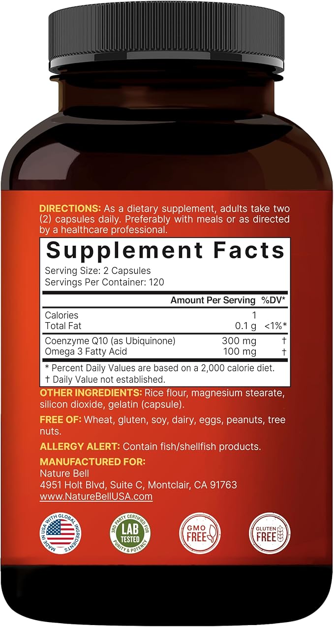 NatureBell CoQ10 300mg - 240 Capsules - High-Potency Support for Healthy Heart - Daily Energy &amp Vitality Aid with Antioxidant Support - Easily Absorbed Ubiquinone &amp Omega-3*