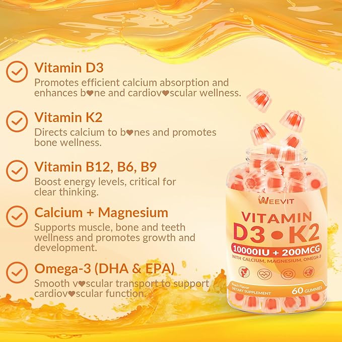 Vitamin D3 K2 Gummies Sugar Free Vitamin D3 K2 w/Calcium Magnesium Omega-3 Vitamin CB12 K2 D3 Supplement