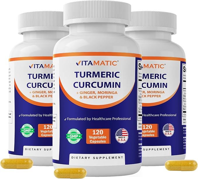Vitamatic 810078475422 Turmeric Curcumin Supplement – Plant-Based Botanical Extract with Black Pepper Ginger &amp Moringa – Vegetarian Non-GMO Gluten-Free – 120 Capsules - 3 Pack (360 Capsules)