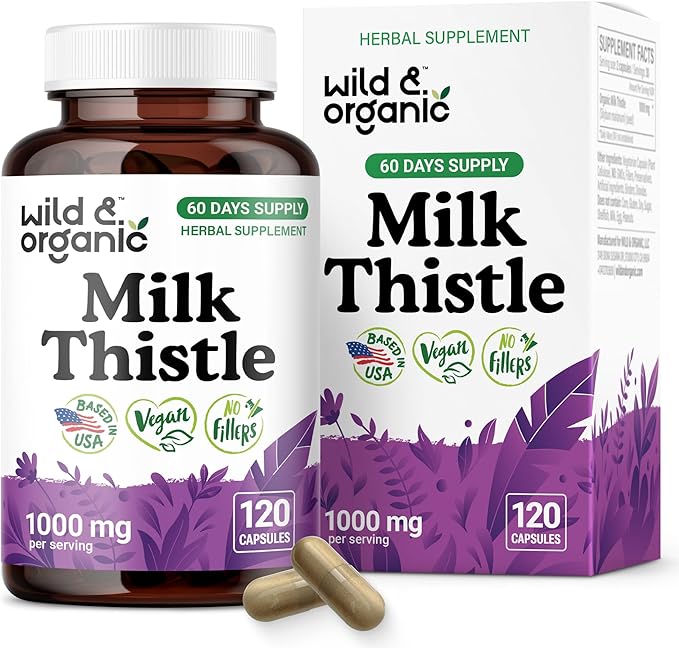 Wild &amp Organic Milk Thistle Capsules 1000mg - Liver Detox Cleanse - Silymarin Milk Thistle Supplement for Liver Support - 120 Vegan Capsules - 2-Month Supply - No Fillers Non-GMO