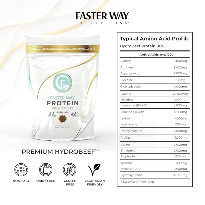 Faster Way - Protein Powder - Hydrolyzed Grass Fed Beef - 20g of Protein Per Serving - Muscle Growth &amp Recovery - 9 Essential Amino Acids - Sugar Gluten &amp Dairy Free - Non-GMO -Chocolate -30