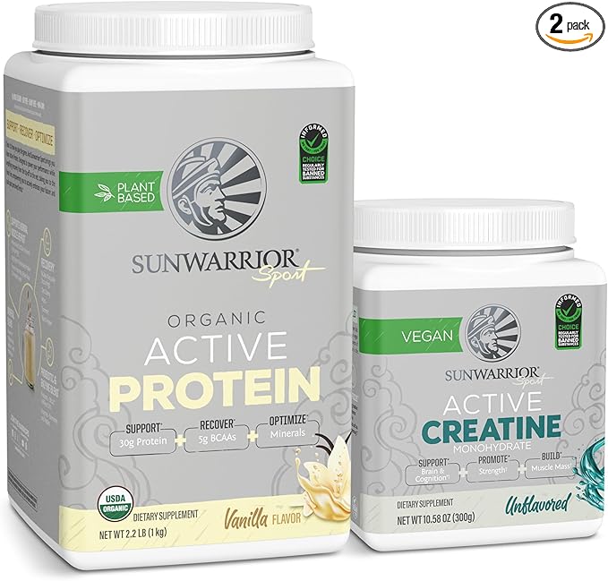 Sunwarrior Creatine Powder &amp Vanilla Active Organic Protein Powder Set | Bundle &amp Save | Vegan Protein Plus Unflavored Creatine Monohydrate (60 Servings Unflavored 20 Servings Vanilla)