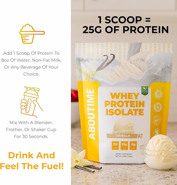 About Time Whey Protein Isolate Powder 25g Vanilla Natural Ingredients Non-GMO Gluten-Free Lactose-Free Zero Sugar Low Carb 32 Servings