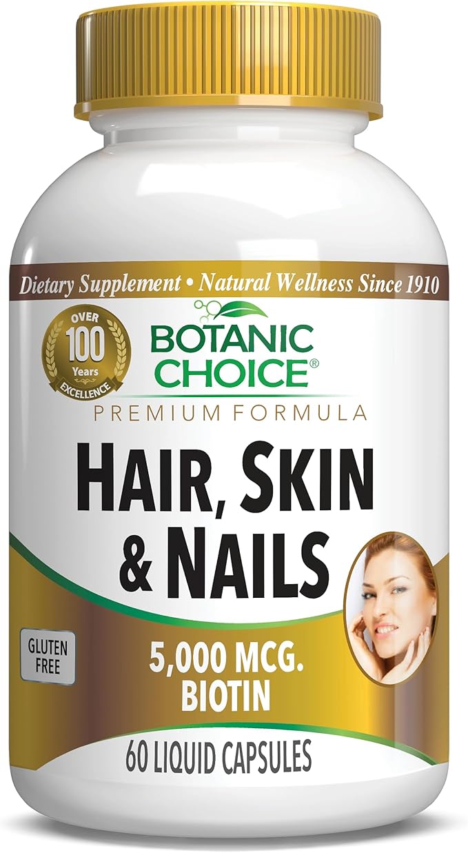 Botanic Choice Hair Skin and Nails Vitamins - Biotin Supplement with Collagen Vitamin C &amp Iron - Super Antioxidant Blend with Argan Oil &amp Hyaluronic Acid - 60 Liquid Capsules