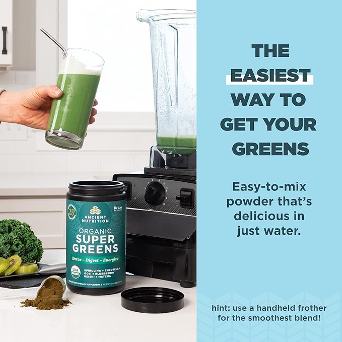 Ancient Nutrition Bone Broth Protein Powder Pure 20 Servings + Organic Supergreens Powder Greens Flavor 25 Servings