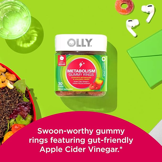 OLLY Metabolism Gummy Rings Apple Cider Vinegar Vitamin B12 Chromium &amp Probiotic + Prebiotic Gummy Digestive Support and Gut Health 500 Million CFUs Fiber