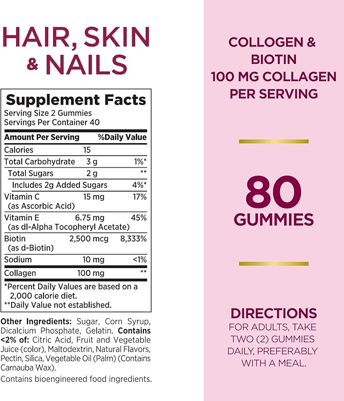 Nature's Bounty Hair Skin &amp Nails with Biotin and Collagen Citrus-Flavored Gummies Vitamin Supplement Supports Hair Skin and Nail Health for Women 2500 mcg 80 Ct (Pack of 4)
