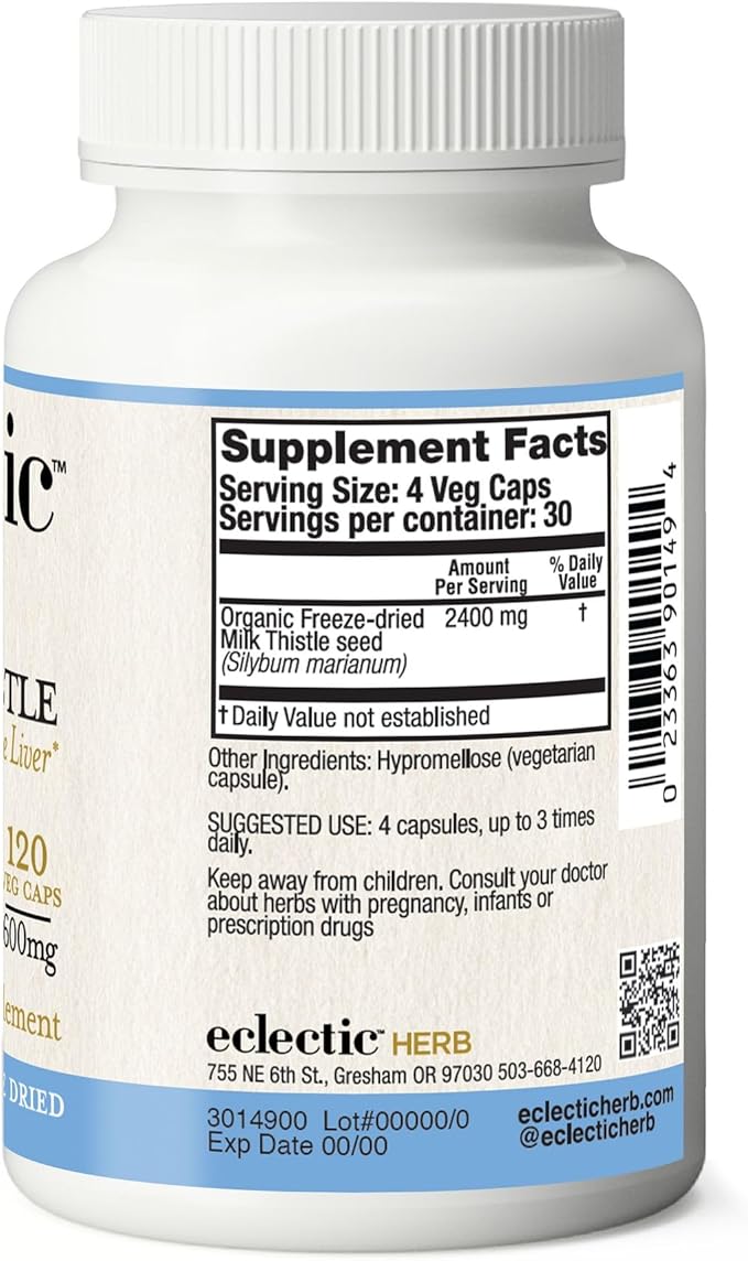 Eclectic Institute Raw Freeze-Dried Non-GMO Milk Thistle | with Silymarin for Liver Support - Detox Cleanse &amp Maintain | 240 CT