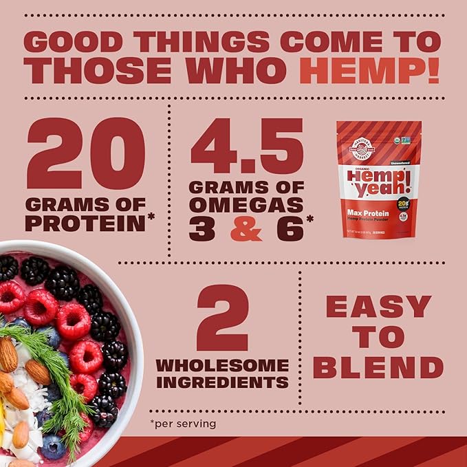 Manitoba Harvest Hemp Yeah Organic Max Protein Powder Unsweetened 32oz with 20g Protein and 4.5g Omegas 3&amp6 per Serving Keto-Friendly Preservative Free Non-GMO Packaging May Vary