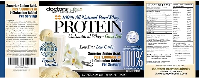 100% Pure Undenatured Grass Fed Whey Protein Low Carb Low Fat - Rich Vanilla Flavor No Artificial Sweeteners or Flavors Ultrafiltered with 1000 mg Added L-Glutamine