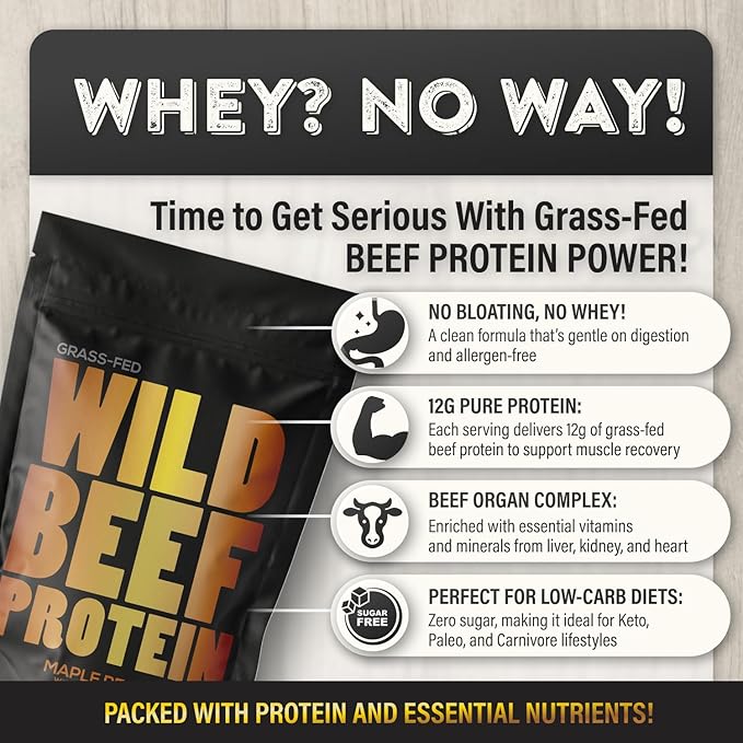 Wild Grass Fed Beef Protein Powder with Beef Organs Complex - Sugar Free Protein Shake - Low Carb &amp Calories - Keto/Paleo/Carnivore Friendly - Whey/Bloating/Lactose Free - Maple Pecan 10oz