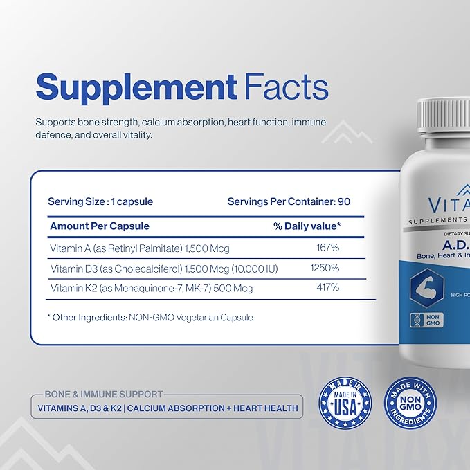 ADK 10 - Vitamin ADK Supplement 90 Capsules - High Potency Vitamin A D3(10000 IU) K2 as MK-7 for Bone Heart &amp Calcium Absorption – Non-GMO Gluten Free (3-Month Supply)