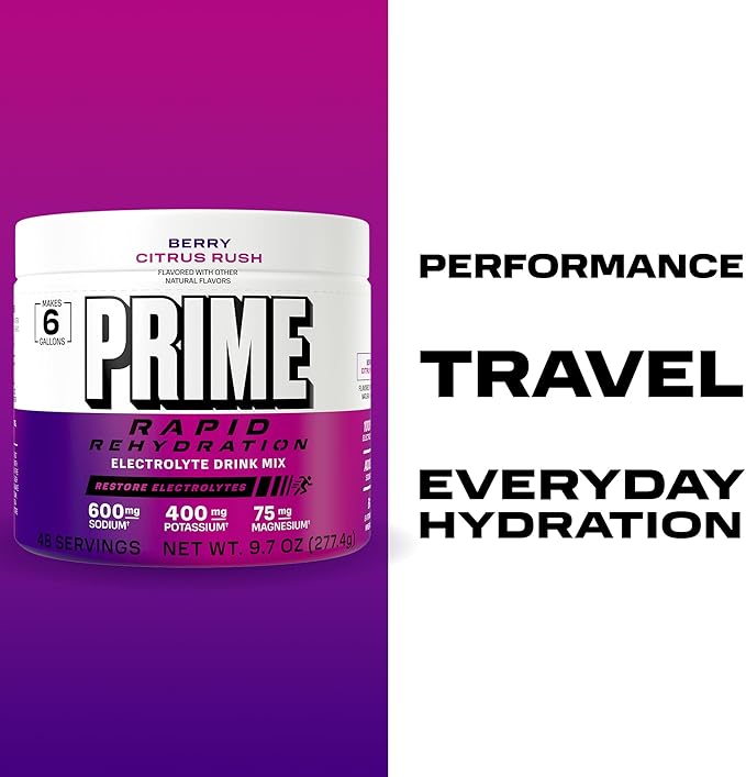 Prime Rapid Rehydration Electrolyte Powder Berry Citrus Rush Sugar Free Hydration Drink Mix with Sodium Potassium Magnesium &amp B Vitamins to Replenish Fluids Caffeine Free 6 Gallon Tub 48 SR