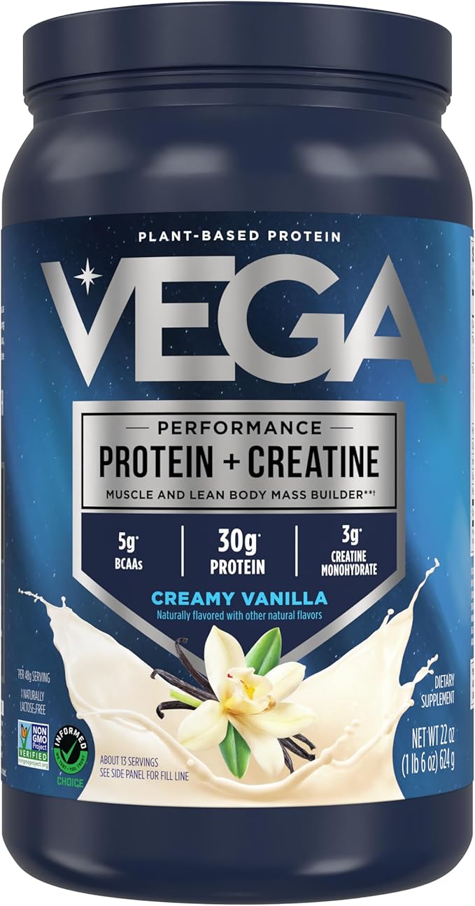 Vega Protein + Creatine - 30g Plant-Based Protein Vanilla 13 Servings 3g Creatine 5g BCAAs Vegan Keto Gluten Free Dairy Free Low Carb for Muscle Growth &amp Repair Drink Mix 22oz