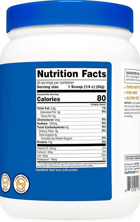Nutricost Beef Bone Broth Protein Powder Unflavored (20 Servings) - Gluten-Free GMO-Free