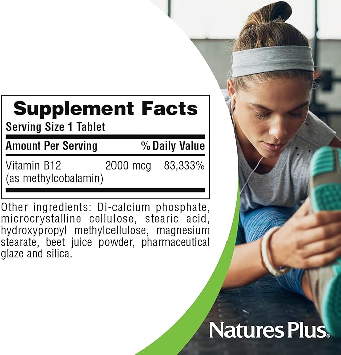 NaturesPlus Vitamin B12 2000 mcg - 60 Sustained Release Tablets - Energy &amp Immune Health Support - Gluten Free Vegetarian - 60 Servings