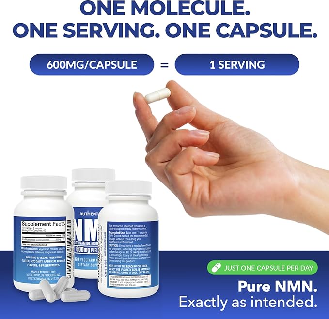 NMN Supplement 600 mg/Capsule Once Daily | 99% Pure Beta Nicotinamide Mononucleotide | Potent NAD⁺ Precursor | Supports Cellular Energy &amp Metabolism | Vegan Non-GMO Third-Party Tested &amp Glut