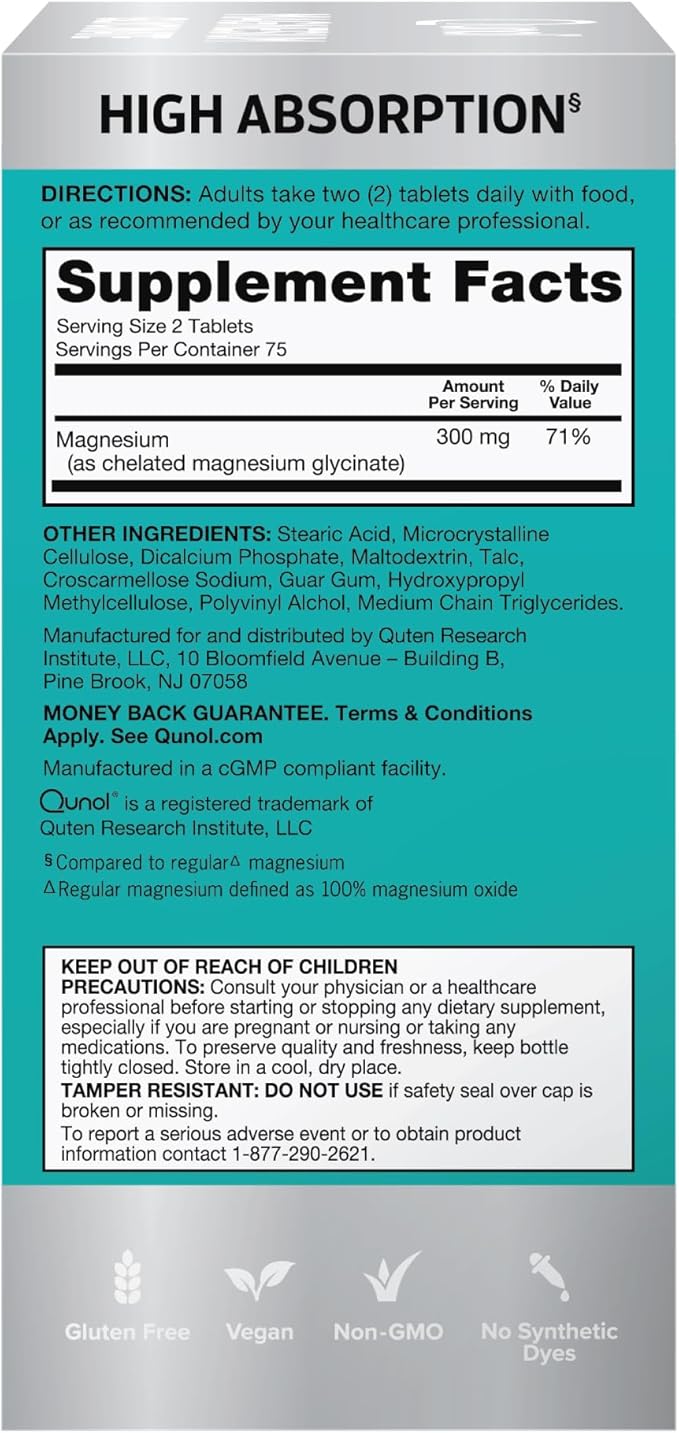 Qunol Magnesium Glycinate 300mg 100% Glycinate Chelated Magnesium Supplement 150ct Tablets