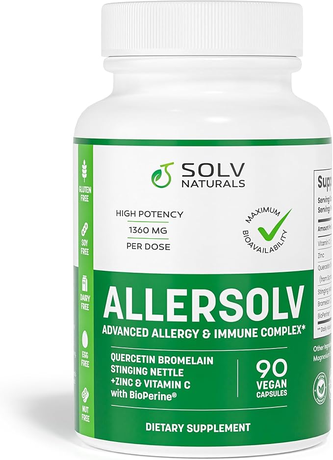 ALLERSOLV Quercetin with Bromelain Advanced Allergy and Immune Complex Non-GMO with Vitamin C and Zinc Stinging Nettle Leaf 500mg Natural Allergy Supplements 90 Veggie Capsules