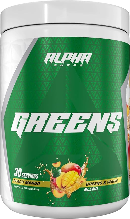 Alpha Supps - Alpha Greens Supplement | Fruit &amp Vegetable Superfood Powder | Over 40 Natural Plant Based Ingredients | Prebiotic &amp Probiotic Digestive Support Blend - 30 Servings (Peach Mango)