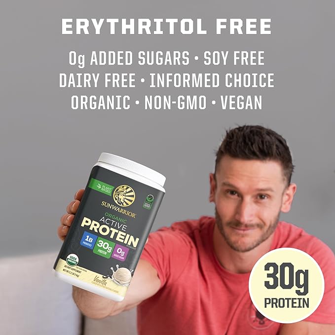 Sunwarrior Organic Plant Based Protein Powder | Vegan Organic Protein Powder with BCAA Amino Acids Plus Recovery Minerals &amp Botanicals | Non-GMO Soy Dairy &amp Gluten Free (Vanilla 20 Servings)