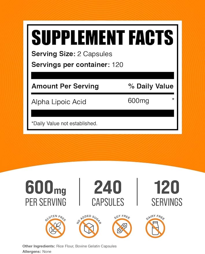 BulkSupplements.com Alpha Lipoic Acid Capsules - ALA Supplement Alpha Lipoic Acid 600mg - Gluten Free - 240 Capsules (Pack of 1)